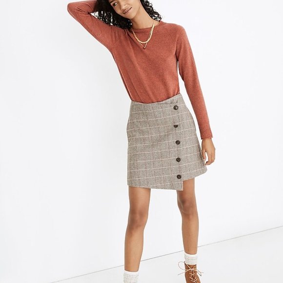 NWT Madewell Asymmetrical Side-Button Wool Mini Skirt in Windowpane Size 2 - Picture 1 of 6